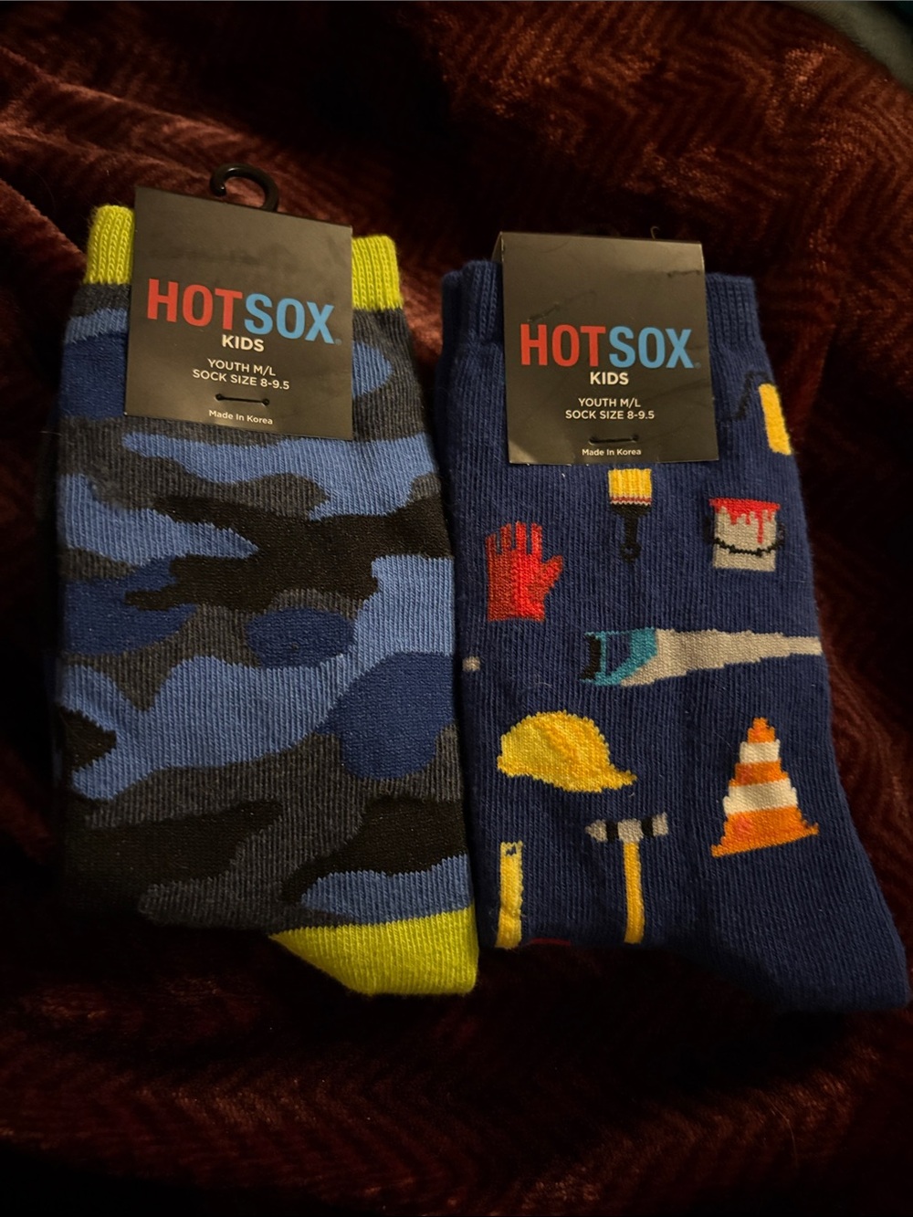 Hot Sox Kids Blue Camo & Construction Tool Socks with Yellow Accents